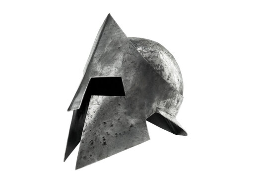 Antique iron spartan helmet isolated on white.