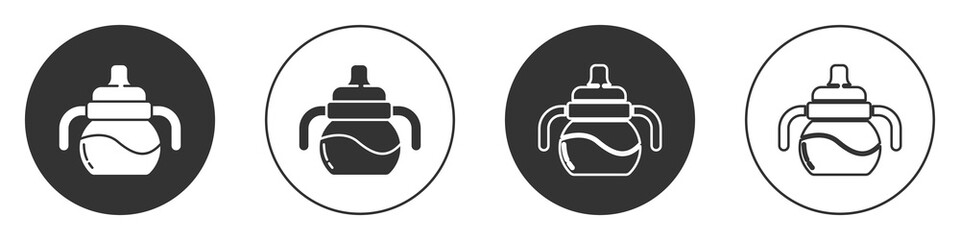 Black Baby bottle icon isolated on white background. Feeding bottle icon. Milk bottle sign. Circle button. Vector.