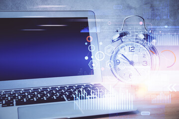 Double exposure of desktop with computer on background and tech theme drawing. Concept of big data.