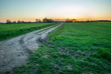 Exit onto a dirt road with green fields and sunset
