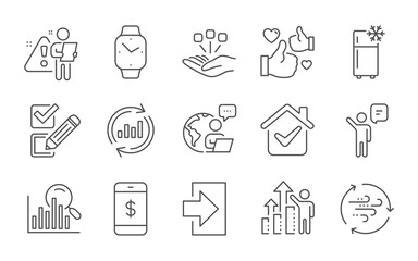 Search, Wind energy and Smartwatch line icons set. Update data, Checkbox and Consolidation signs. Login, Employee results and Like symbols. Agent, Smartphone payment and Refrigerator. Vector