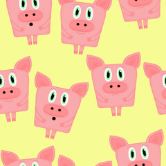 seamless pattern with emotional pigs on an yellow background