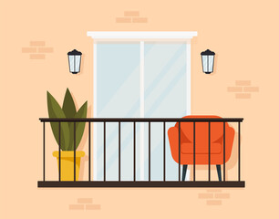 Stylish exterior of a cozy balcony with furniture and a large window. Design with an armchair, indoor flowers. Flat style. Stock illustration. Comfortable terrace in yellow colors. City life.