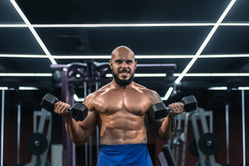 Fototapeta na wymiar Handsome strong bodybuilder doing heavy weight exercise with dumbbells