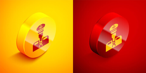 Isometric Pilot icon isolated on orange and red background. Circle button. Vector.