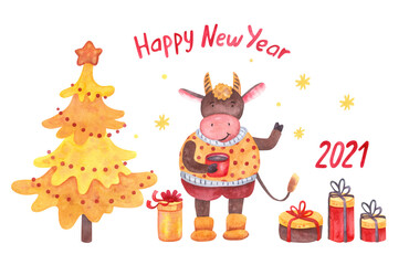 Fototapeta na wymiar Watercolor Happy New Year set with lettering, cute little bull wearing cozy sweater decorated with polka dots, Christmas tree, gift boxes, snowflakes. Year of ox 2021. Great for design greeting cards.