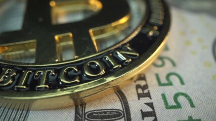 American Dollars and cryptocurrency Bitcoin on the table. Macro sign ig Bit coin with panorama. Gold crypto coin against powerful US banknote. Blockchain technology. Money of the future. Digital - Powered by Adobe