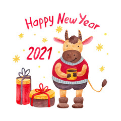 Watercolor cute cheerful bull with a mug of tea or coffee and gift boxes. Year of ox. Hand painted illustration isolated on white. Happy New Year lettering. Chinese New Year greeting card.