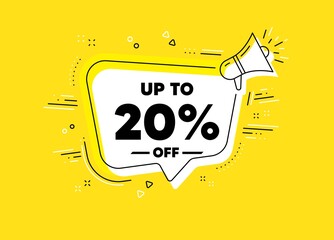 Up to 20% off Sale. Megaphone yellow vector banner. Discount offer price sign. Special offer symbol. Save 20 percentages. Thought speech bubble with quotes. Vector