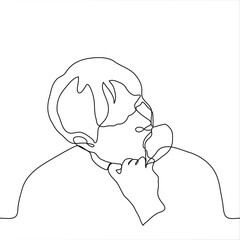man eating chicken leg. one line drawing of a hungry man greedily biting a chicken leg.