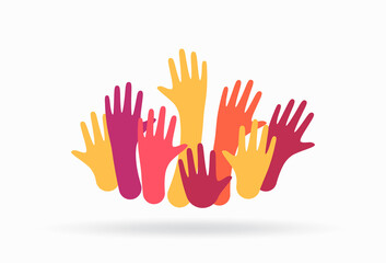 Obraz premium Colorful up hands. Charity teamwork vector concept illustration