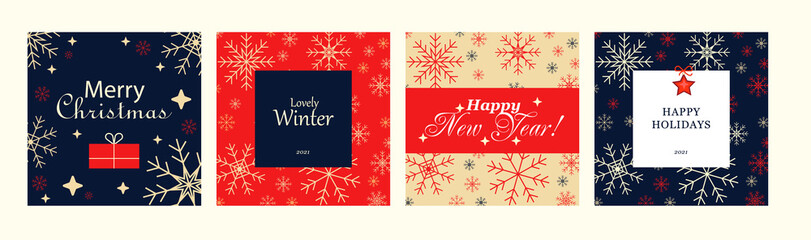 Fototapeta na wymiar Merry Christmas greeting cards. Trendy square Winter Holidays and Happy New Year art templates. Social media post, mobile apps, banner design. Snowflakes and stars background. 