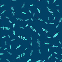 Green line Medieval sword icon isolated seamless pattern on blue background. Medieval weapon. Vector.