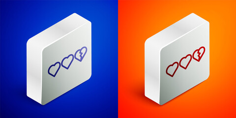 Isometric line Hearts for game icon isolated on blue and orange background. Silver square button. Vector.