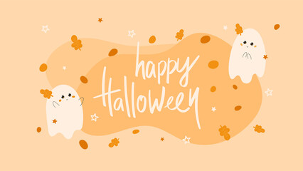 Happy Halloween vector illustration. Web banner with cute smiling ghosts candies and leaves on abstract shape background. Greeting card for mailing, advertisement. Character design in flat style.