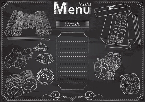 Vector template with sushi elements for menu stylized as chalk drawing on chalkboard.Design for a restaurant, cafe or bar. Traditional Japanese food.