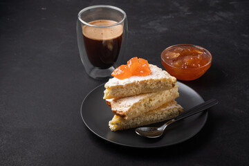 Appetizing cottage cheese pie with apple jam and coffee. Tasty and healthy, delicious, homemade.
