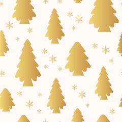 Ornate Christmas tree seamless pattern. Vector isolated golden fir with snowflakes. Holiday fluffy evergreen spruce gold texture for xmas wrapping paper.