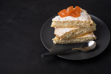 Homemade curd dessert in plate with apple jam. Healthy breakfast for the whole family