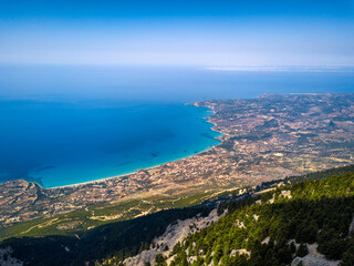 Panoramic view over Kefalonia and seascape from the mountain top Mount Ainos