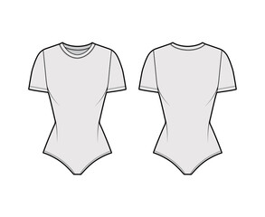 Stretch-jersey bodysuit technical fashion illustration with crew neck, short sleeves, fitted body. Flat one-piece underwear apparel template front back grey color. Women men unisex swimsuit CAD mockup