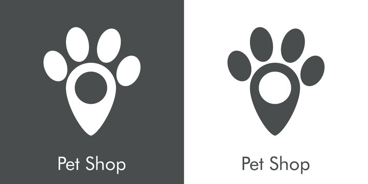 Tienda de mascotas. Logotipo pisada de perro en puntero en fondo gris y fondo blanco