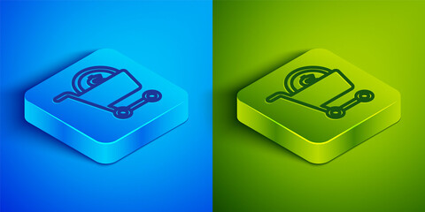 Isometric line Shopping cart and dollar symbol icon isolated on blue and green background. Online buying concept. Delivery service. Supermarket basket. Square button. Vector.