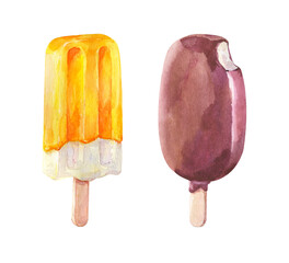 Set of chocolate and fruit popsicles isolated on white background. Watercolor hand drawn illustration.