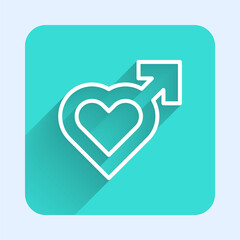 White line Heart with male gender symbol icon isolated with long shadow. Green square button. Vector.