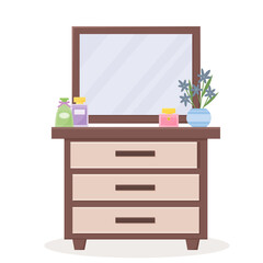 Dresser with mirror. Piece of bedroom furniture with drawers. Vector illustration.