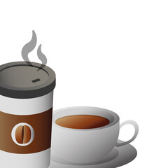 delicious coffee in ceramic cup and plastic container