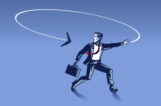 Businessman Surprised as Boomerang He Throws Goes back to Him from Behind . Business Illustration Concept of Consequences and Karma behind Every Step We Make