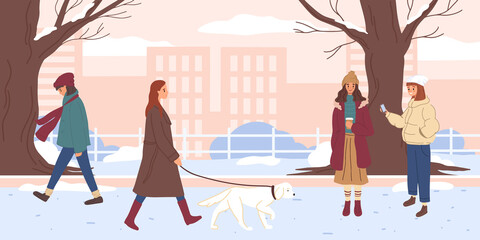 People in warm clothes, outdoor activity in the winter park. Public garden in christmas season with snow and trees. New year fair poster, flyer or banner. Man, woman relax, walking with dog.