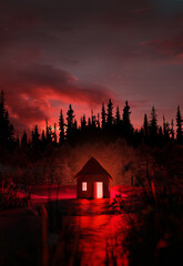 A creepy glowing red abandoned cabin isolated in the middle of a mysterious and spooky forest. 3D...