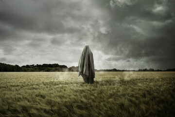 Haunted and bleak landscape with a floating spirit ghost, Disturbing concept.