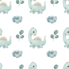 Watercolor seamless pattern with cute dinosaur, leaf and flower on the light background. Funny kids illustration. Ideal for children's textile, wrapping, and other designs.