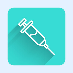 Obraz premium White line Doping syringe icon isolated with long shadow. Green square button. Vector.