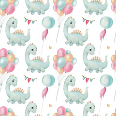 Watercolor seamless pattern with cute dinosaur and balloon on the light background. Funny kids illustration. Ideal for children's textile, wrapping, and other designs.