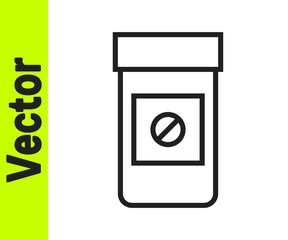 Black line Sports doping, anabolic drugs icon isolated on white background. Anabolic steroids tablet. Pills in jar. Vector.