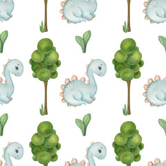 Watercolor seamless pattern with cute dinosaur, grass and tree on the light background. Funny kids illustration. Ideal for children's textile, wrapping, and other designs.