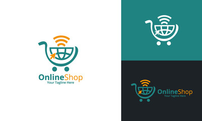 Online Shop Logo designs Template. Illustration vector graphic of shopping cart, and wifi icon combination logo design concept. Perfect for Ecommerce, sale, discount or store web element.