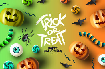 Fun happy halloween event mockup design background. including grinning jack o lantern pumpkins and treats. Vector illustration.