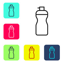 Black line Fitness shaker icon isolated on white background. Sports shaker bottle with lid for water and protein cocktails. Set icons in color square buttons. Vector.