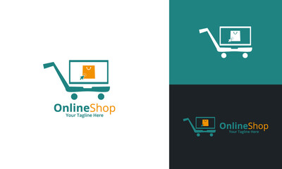 Online Shop Logo designs Template. Illustration vector graphic of shopping cart, computer and shop bag combination logo design concept. Perfect for Ecommerce, sale, discount or store web element.