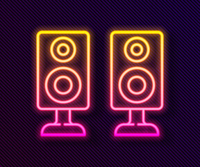 Glowing neon line Stereo speaker icon isolated on black background. Sound system speakers. Music icon. Musical column speaker bass equipment. Vector.