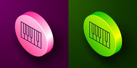 Isometric line Grand piano icon isolated on purple and green background. Musical instrument. Circle button. Vector.