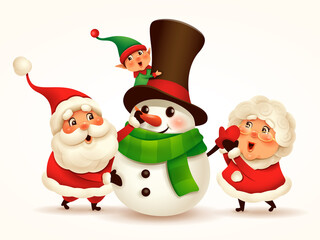 Santa Claus and Mrs Claus building snowman. Vector illustration of Christmas character on plain background. Isolated. 