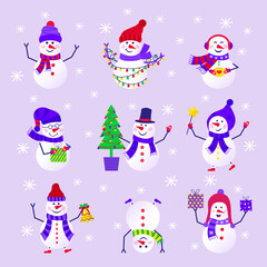 Merry Christmas cute greeting card with snowman and snowflakes for happy new year presents. Scandinavian style set for invitation, children room, nursery decor, interior design, stickers