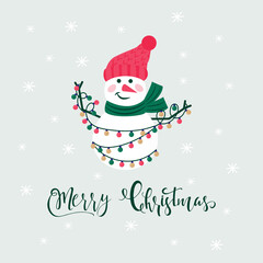 Merry Christmas cute greeting card with snowman and snowflakes for happy new year presents. Scandinavian style of posters for invitation, children room, nursery decor, interior design