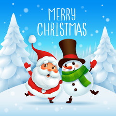 Merry Christmas! Santa Claus and Cheerful Snowman arm over shoulder. Vector illustration of Christmas character on snow scene.